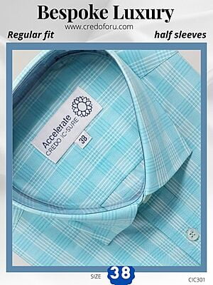 Men light sky blue checked  half sleeves formal shirt