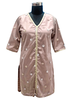 Women Pink  Silk Embroidered V Neck  Kurti