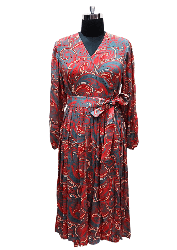 Women's V-Neck Three-Quarter Sleeveprinted Wrap Midi Chiffon Dress.