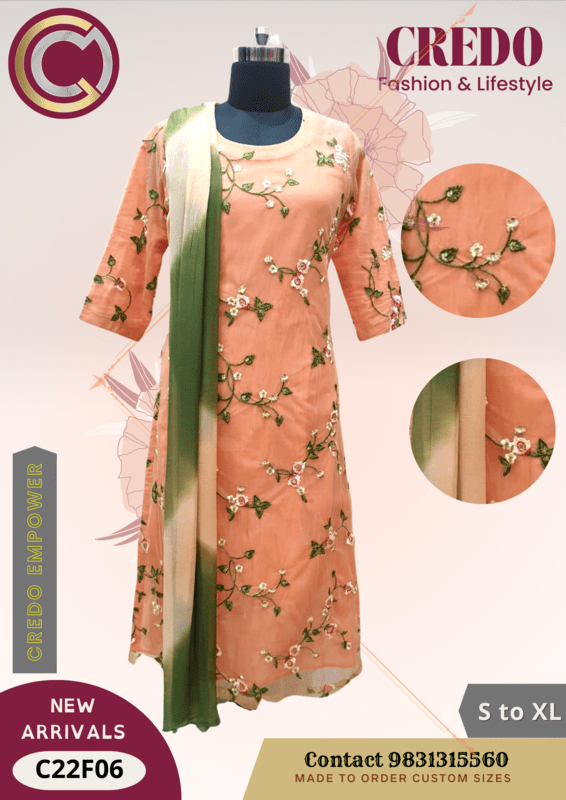 Peach Embroidered Kurti with Dupatta