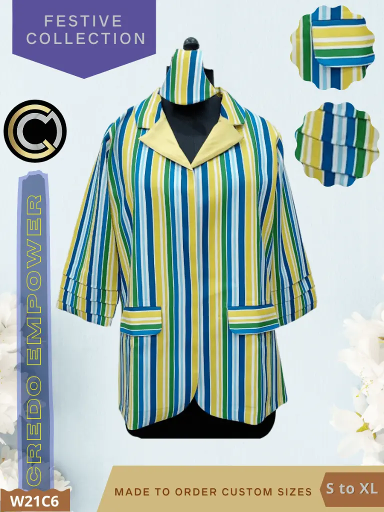 CREDO Stripe Printed Tailored Jacket-S-Blue,Fern Green,Light Blue,Light Green,Yellow-4.webp