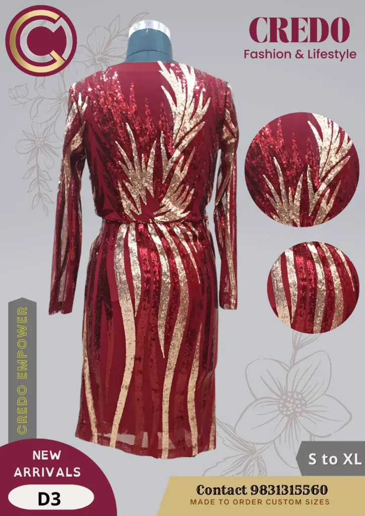Red with Golden Sequence Partywear Dress-Red-4.webp