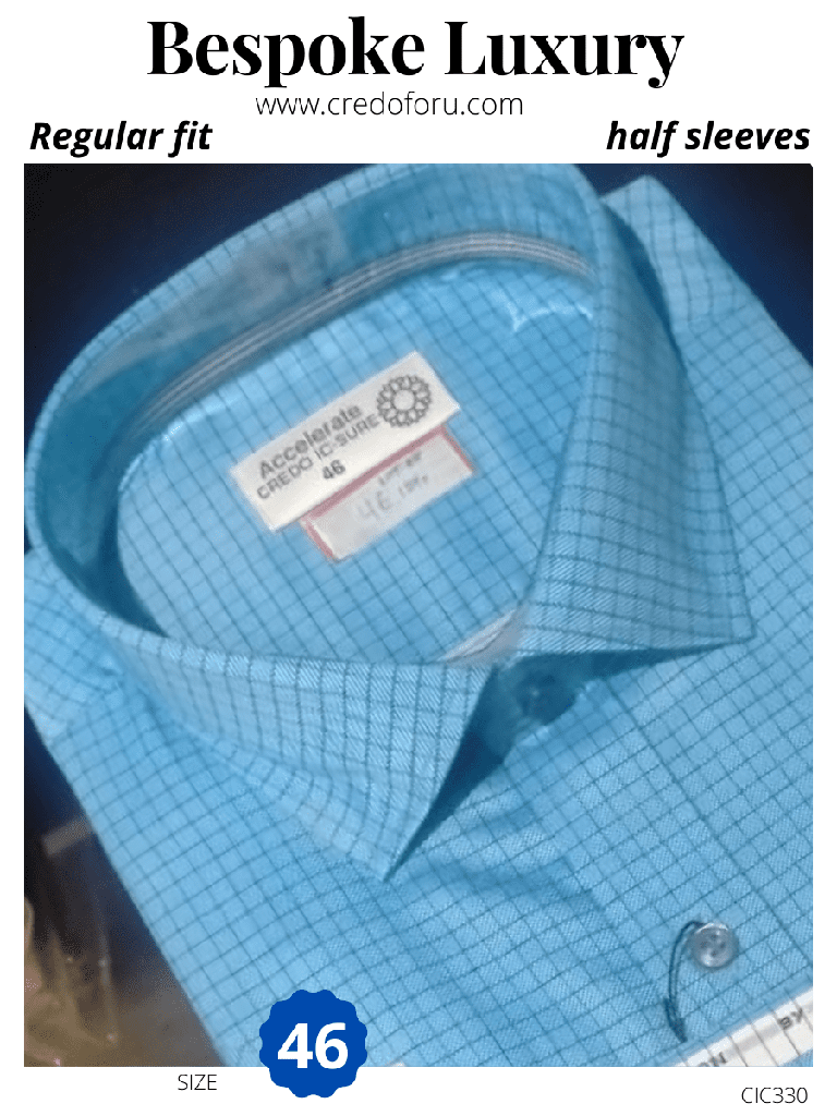 Men sky colour with small black checked half sleeves shirt