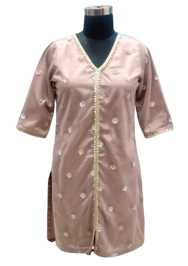 [women-pink-silk-embroidered-v-neck-kurti-medium-1] Women Pink Silk Embroidered V Neck Kurti