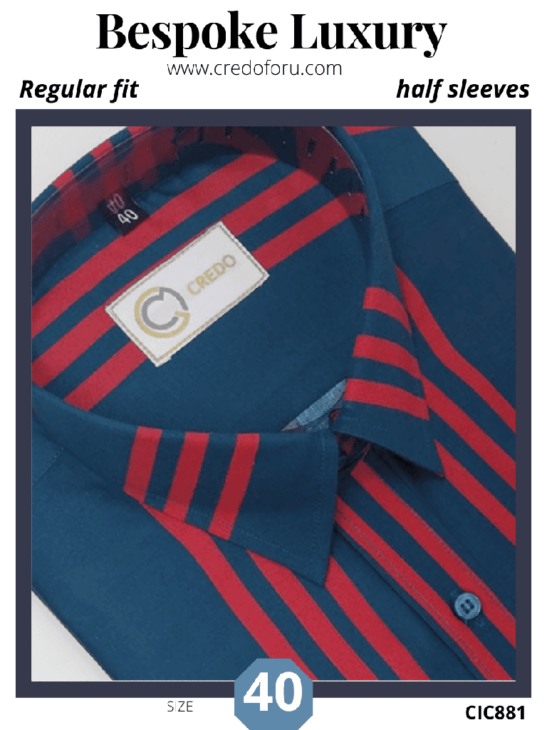 Red stripe on dark cyan blue half sleeve shirt (881)