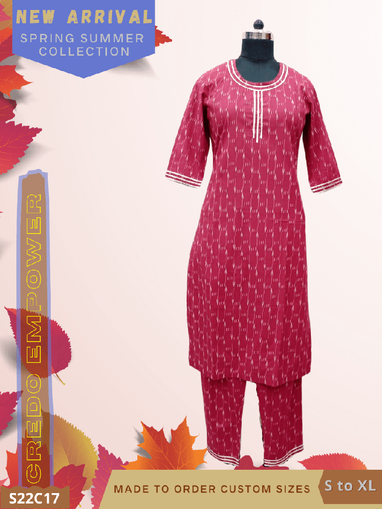 Credo Maroon White Premium Cotton Ikkat Kurti Pant Set