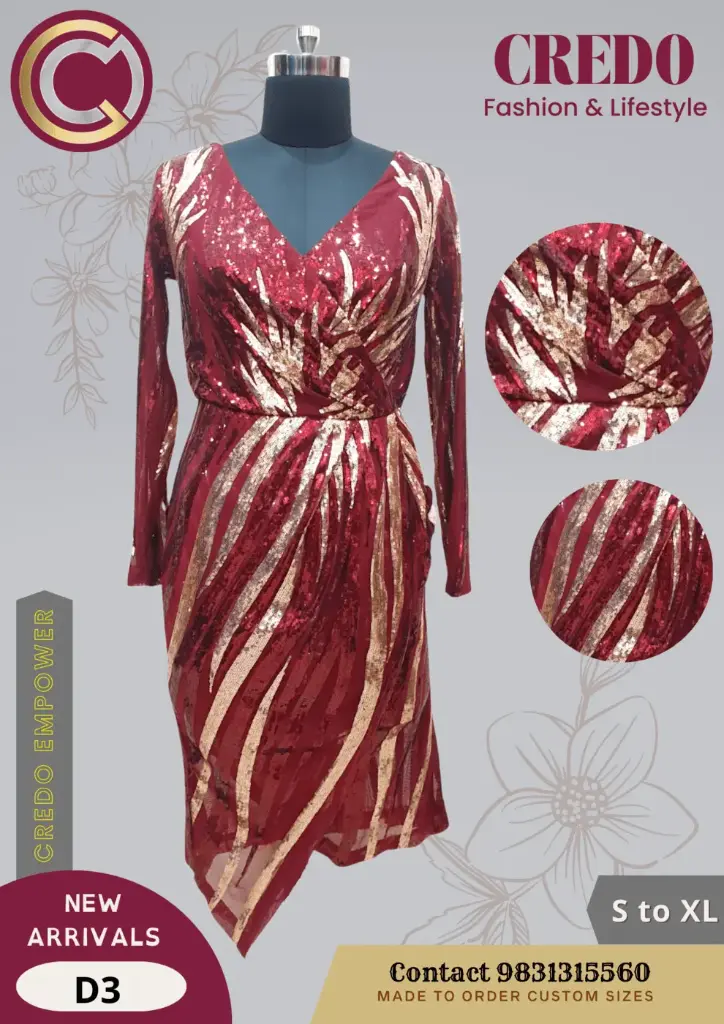 [red-with-golden-sequence-partywear-dress-red-1] Red with Golden Sequins Partywear Dress
